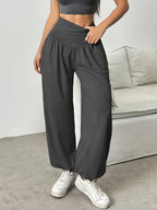 1pc Women'S High-Waist Comfortable Running Pants - Stretchy Soft Wide-Leg Casual Trousers, Suitable for Running And Fitness, Solid Color, All-Season - Dark Gray