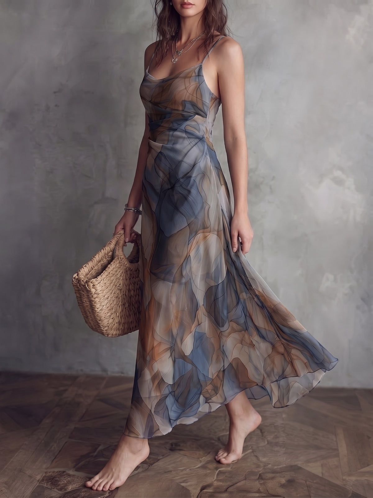 Elegant Watercolor Tie-Dye Cami Maxi Dress, Ruched Waistline Sheer Chiffon Flared Hem Formal Wedding Guest Beach Dress - Multicolor