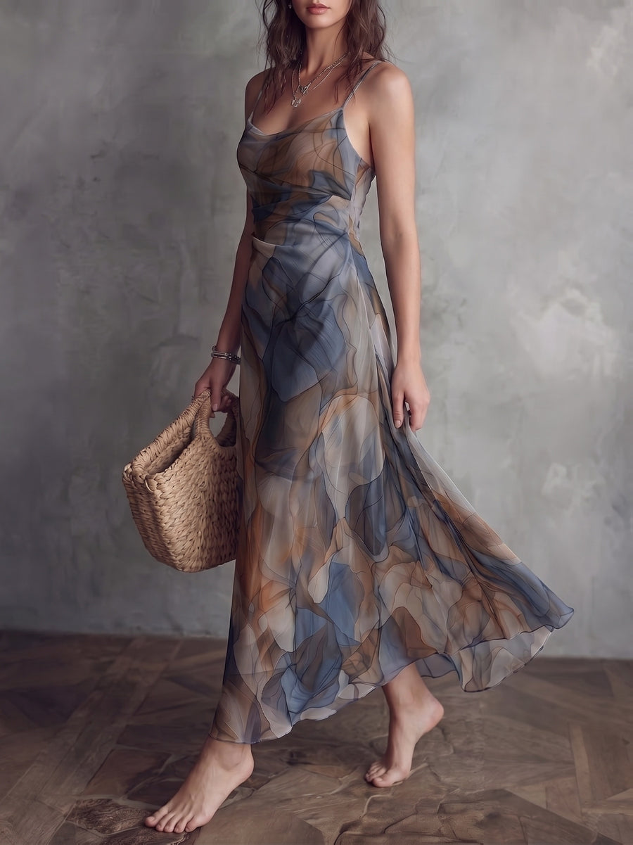 Elegant Watercolor Tie-Dye Cami Maxi Dress, Ruched Waistline Sheer Chiffon Flared Hem Formal Wedding Guest Beach Dress - Multicolor