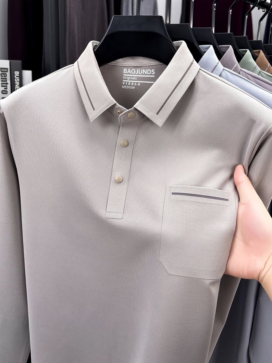 Autumn New Arrival Men's Fashion Long-Sleeve Polo Shirt, Versatile Casual Button- Lapel Seamless Men's Long-Sleeve Top, Suitable for Business Casual Outings, Dates, and Walks, an Essential Top for Casual Attire - Apricot