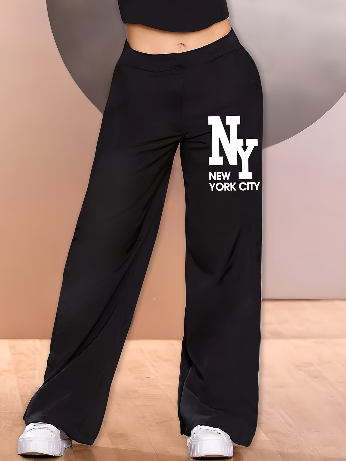 Elegant - 2pcs Women's Wide-Leg Casual Pants, Summer Lightweight Style, Letter Print - Coffee+Black
