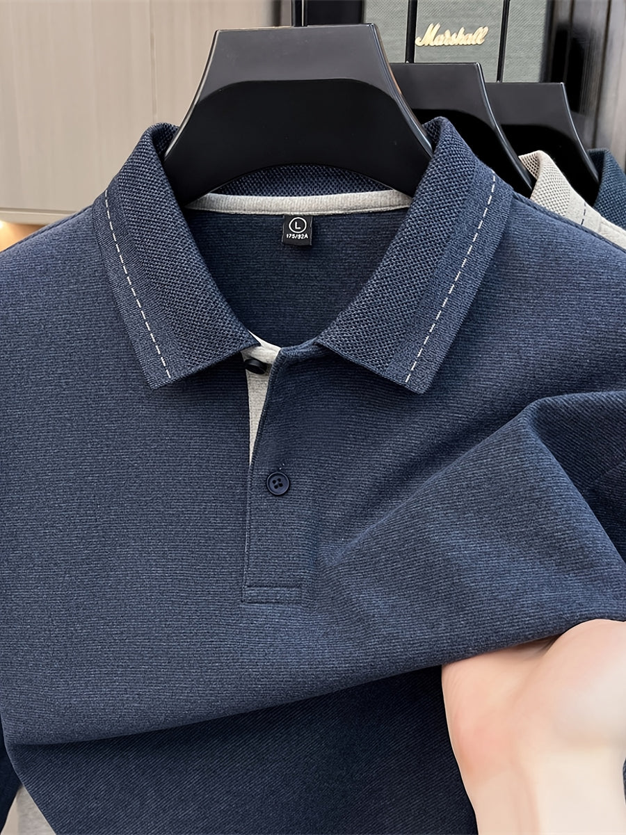 [Star Prosperity Selection] Spring/Autumn Men'S Lapel Polo Shirt, Fashionable Easy Top Solid Color Base Layer, Business Casual Long Sleeve T-Shirt, Best Gift for Friends And Relatives - Blue
