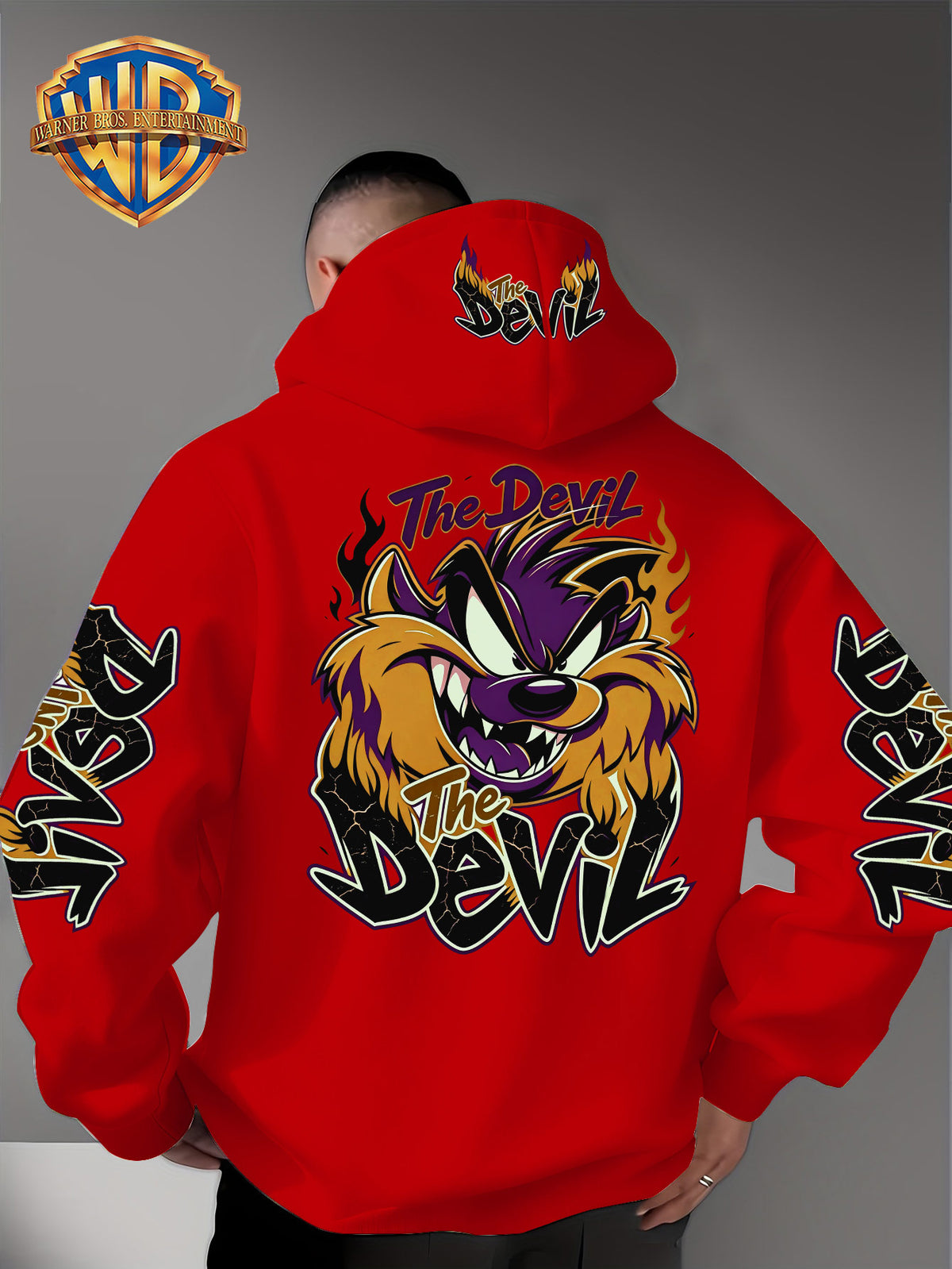 Le Yitong Big Mouth Monster The Devil Flame Print Hooded Sweatshirt, with Sleeve Print Design, Kangaroo Pouch And Drawstring Hood, Suitable for Autumn/Winter Casual Wear And Outdoor Activities - Red