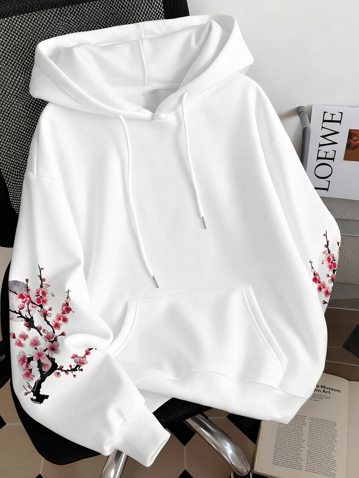 Women'S Fashion Cherry Blossom And Letter Print Casual Hooded Sweatshirt - White