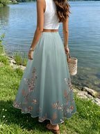 Summer Women's Fashion Versatile Midi Skirt with a Light Green Background, Symmetrical Floral Branches with Pinkish-Brown Flowers, Simple Print for Everyday and Vacation Style - Mixed colors