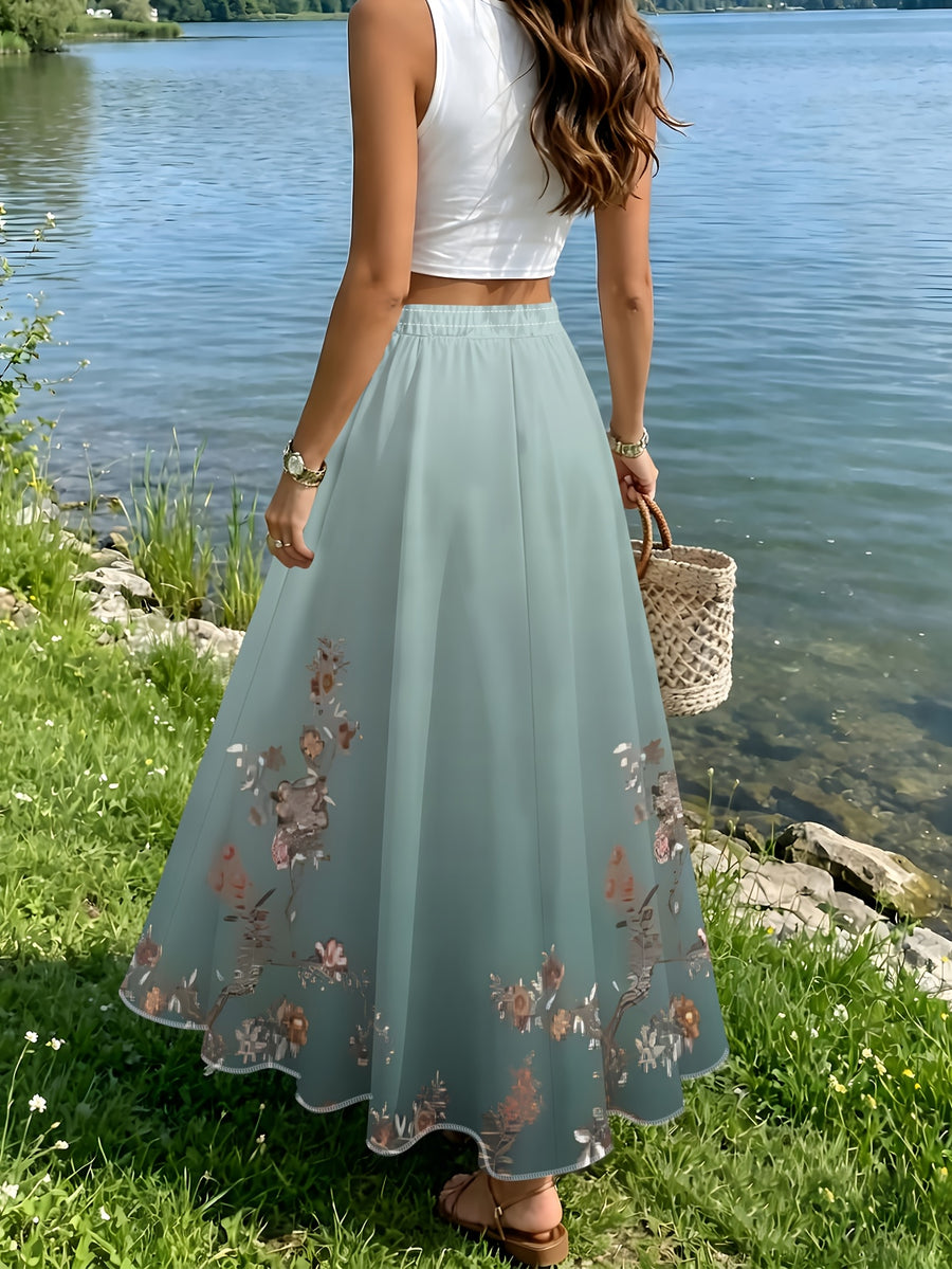 Summer Women's Fashion Versatile Midi Skirt with a Light Green Background, Symmetrical Floral Branches with Pinkish-Brown Flowers, Simple Print for Everyday and Vacation Style - Mixed colors