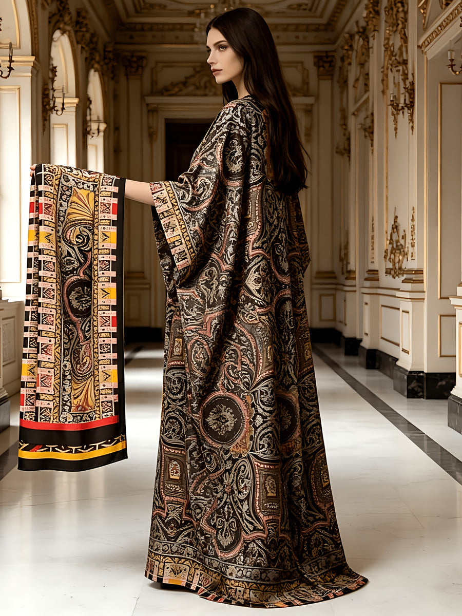 Plus Size, Black Background Baroque Palace Retro Scroll Grass Print Plus Size Women's Robe Long Skirt Boat Collar Loose Batwing Sleeves - Black