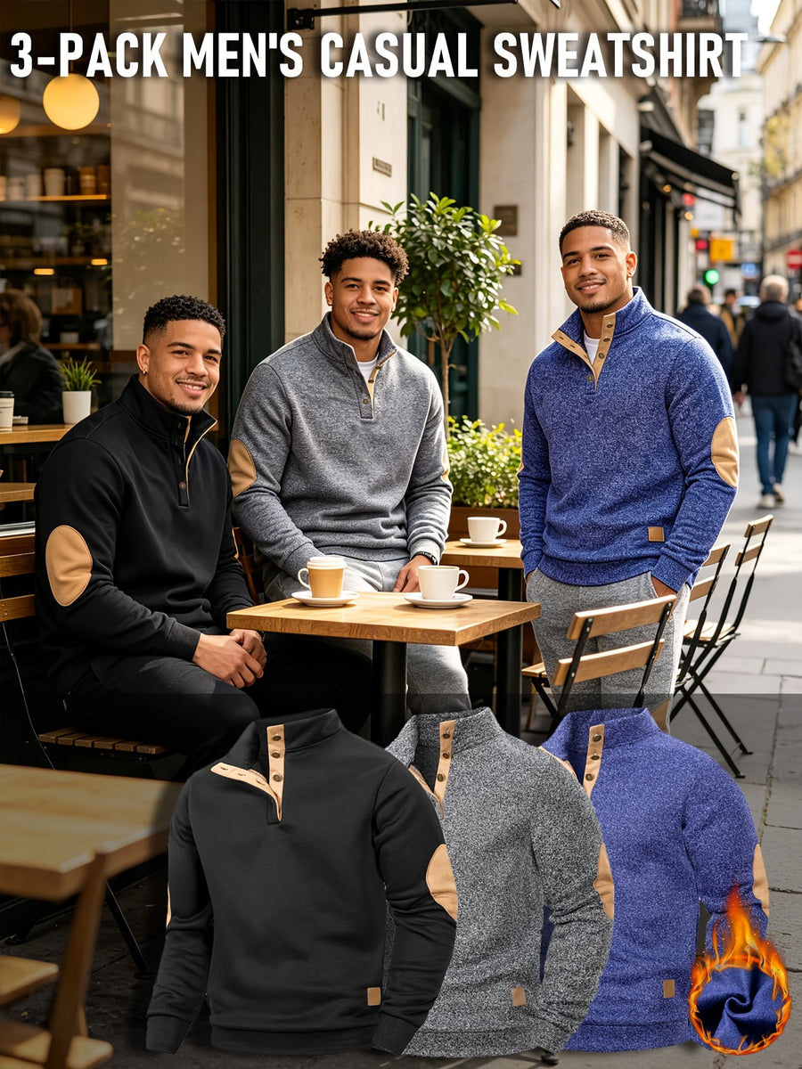 [Back-to-School Season] 3pcs - Men's Casual Long-Sleeve Pullover, Solid Color Long-Sleeve for Daily Outings, Commuting, and Back-to-School, Vintage Casual Autumn/Winter Regular Fit Versatile Style, Multi-pc, Stand Collar Lined for Warmth with Elbow - Black + Dark Gray + Navy Blue