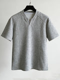 Men's American-Style Deconstructed Patchwork V-Neck Drop-Shoulder Short-Sleeve T-Shirt, Summer Loose-Fit Designer Short-Sleeve Top, Trendy - Grey
