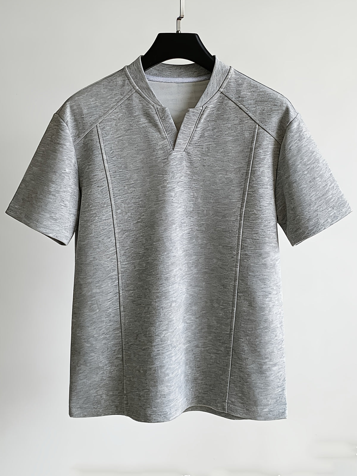 Men's American-Style Deconstructed Patchwork V-Neck Drop-Shoulder Short-Sleeve T-Shirt, Summer Loose-Fit Designer Short-Sleeve Top, Trendy - Grey