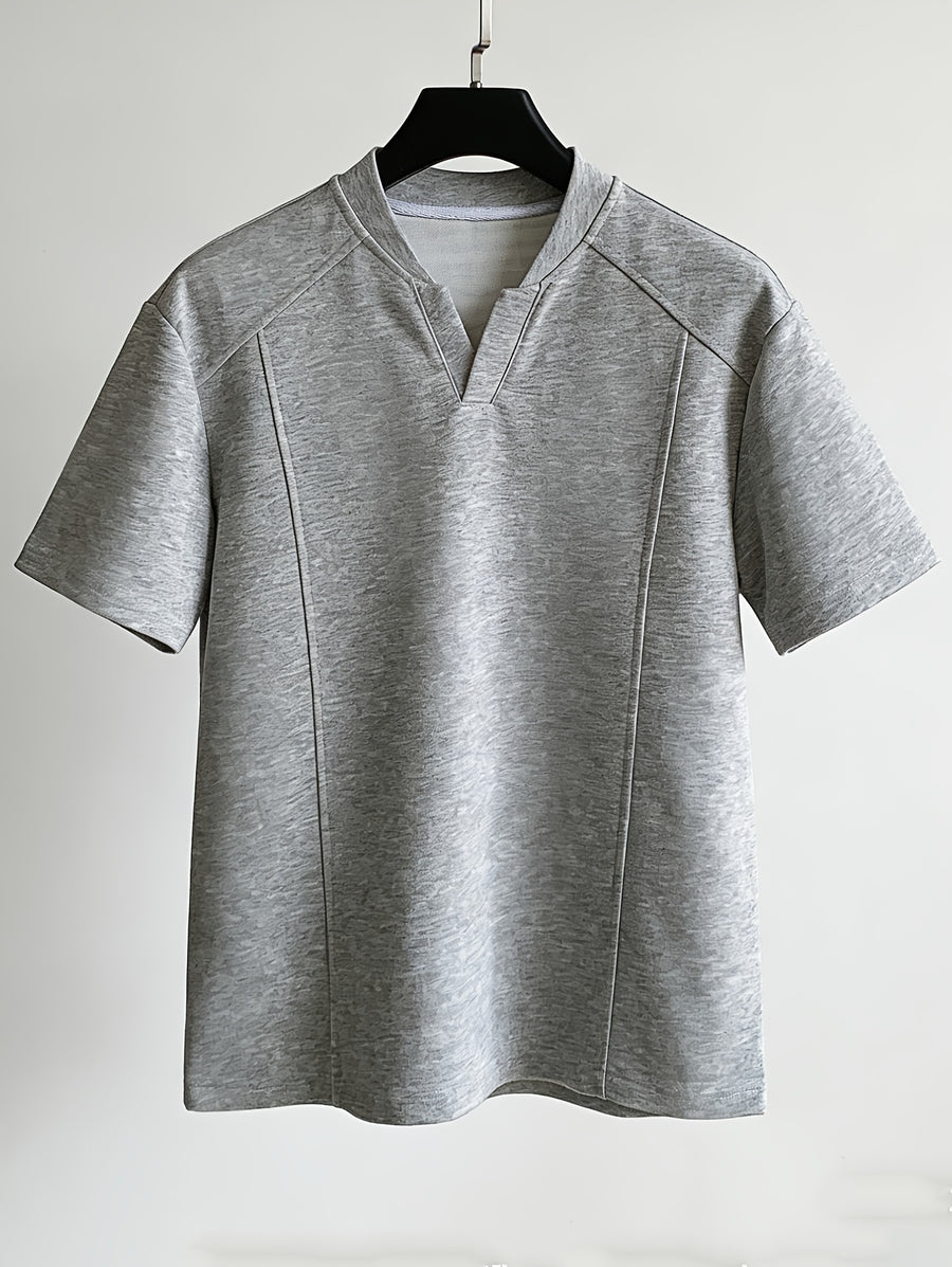 Men's American-Style Deconstructed Patchwork V-Neck Drop-Shoulder Short-Sleeve T-Shirt, Summer Loose-Fit Designer Short-Sleeve Top, Trendy - Grey