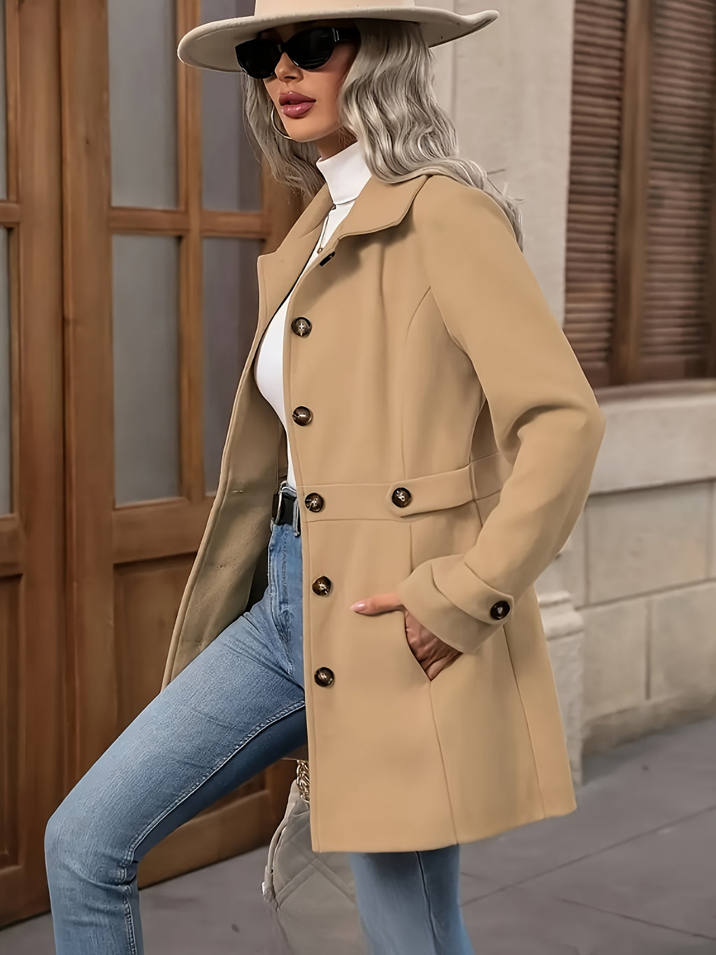 Elegant Women's Fashion Tweed Coat, Stylish Waist-Cinching Mid-Length Solid Color New Autumn/Winter Overcoat - Khaki