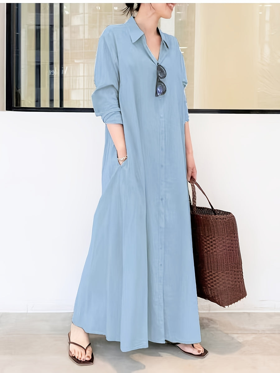 In Stock European And American New Solid Color Lapel Long Sleeve Pocket Easy Loose Casual Long Dress 1pc - Light Blue