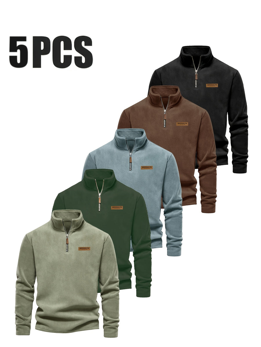 Men'S Fleece Half-Zip Sweatshirt 5pcs Set Autumn Winter Comfortable Warm Casual All-Match Style - Mint Green + Dark Green + Slate Blue + Reddish Brown + Black