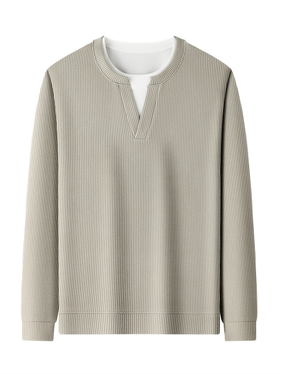 Men's Vertical Stripe V-Neck 2-in-1 Look Long-Sleeve Pullover Top, Regular Shoulder Long Sleeves, Ribbed Cuffs and Hem, Can Be Worn Alone or as a Layering Piece - SINBOS - Bean Green