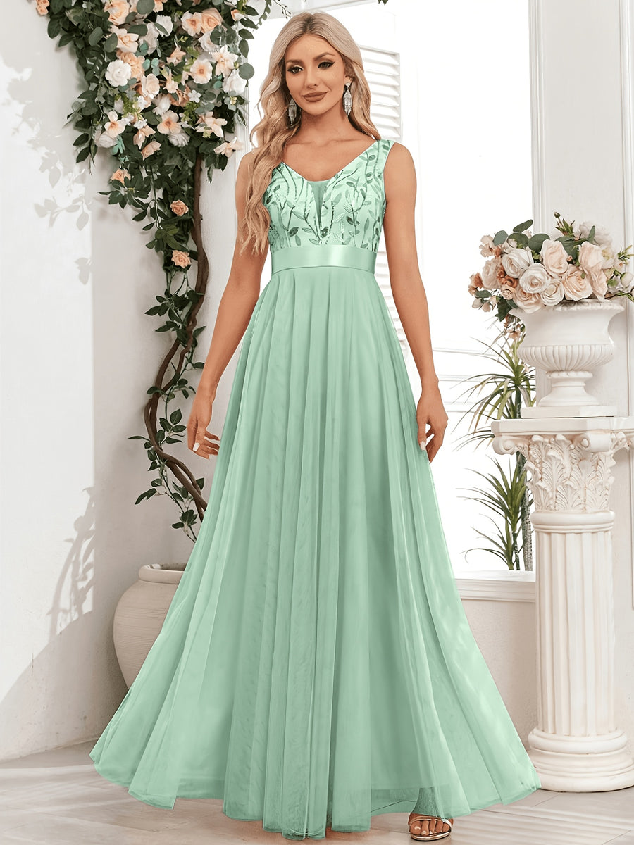 Fashionable Sexy New Women'S Sequin Mesh Patchwork A-Line Party Dress - Light Green