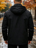 Men'S Detachable Sleeve Drawstring Hooded Multi-Pocket Utility Jacket, Reversible Wrinkle-Resistant Breathable Durable Woven Fabric, Fitted Short Length Spring Autumn City Commute Outdoor Hiking Style, Street Hiking Fishing Multi-Scene Wear - Black