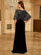 Elegant Sequined Patchwork Batwing Sleeve V-Neck High-Thigh Velvet Gown Dress - Black