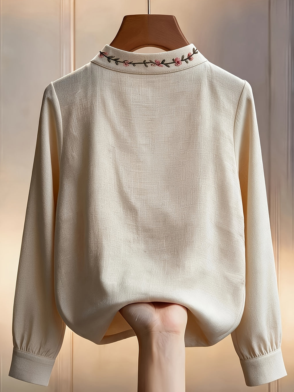 Women's Floral Embroidered Stand Collar Long Sleeve Blouse, Embroidered Top, Elegant Spring and Autumn Outfit, Office and Commuting Apparel, Pretty Blouse, Casual Elegance, Shirt - Apricot