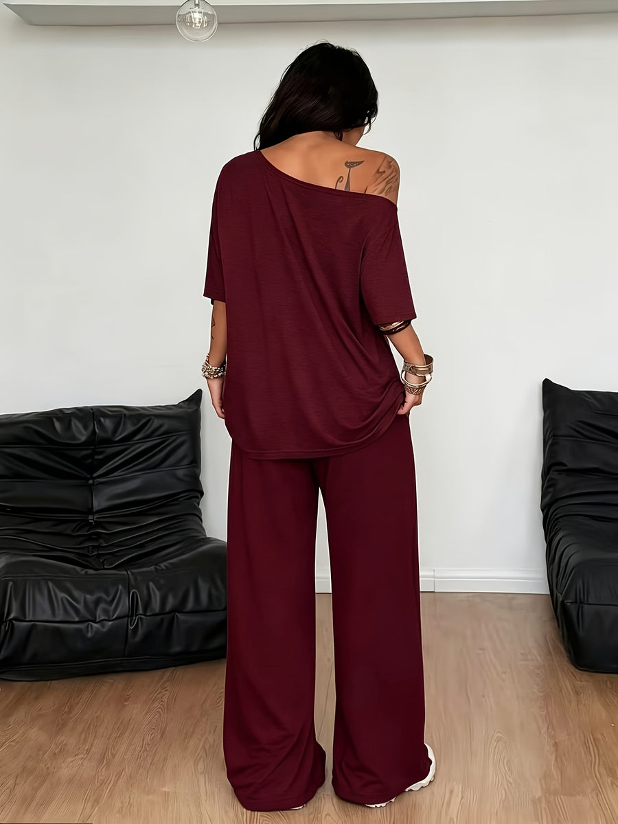 Women'S Loose Off-Shoulder Solid Color Top And Straight Leg Pants Athletic Casual Set - Wine Red 2