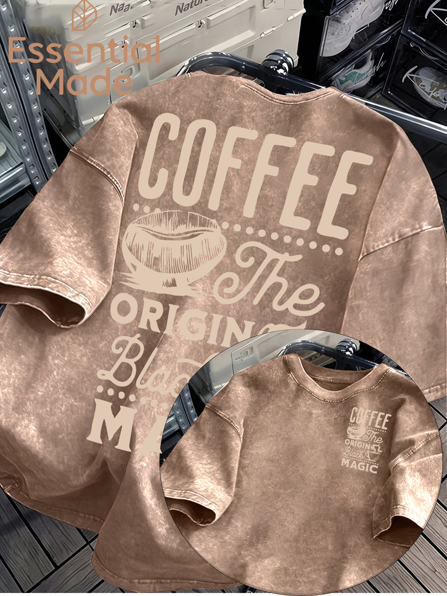 American High Street COFFEE Coffee Bean Cafe Themed Letter Print Distressed Washed Short-Sleeve T-Shirt - Loose Fit Casual American Vintage Style Men's Washed T-Shirt Casual Top - Brown 1