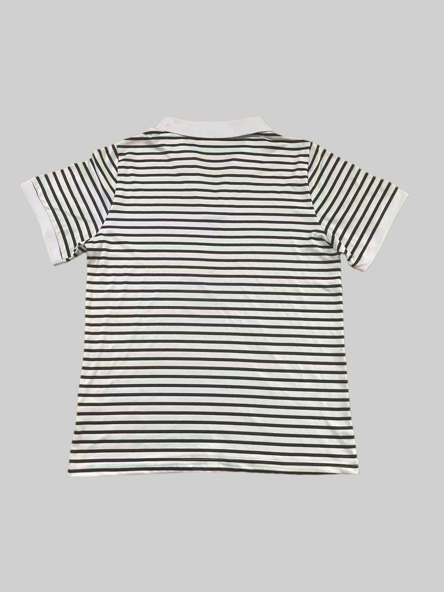 New Summer V-Neck Lapel Striped Polo Shirt for Women, Regular Shoulder Fit, Classic Striped Design, Short Sleeves with  Cute and Playful Cat Graphic Print, Versatile Top for Casual Daily Wear and Commuting - Black