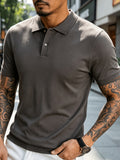 Men's Knitted Short-Sleeve Polo Shirt - Urban Street Scene Exterior Shot, Slim Fit, Lapel Collar, Two-Button, Business Casual Commuter Thin Top, Solid Color Knit Top with Embroidered Cuff Design - Rock Ash