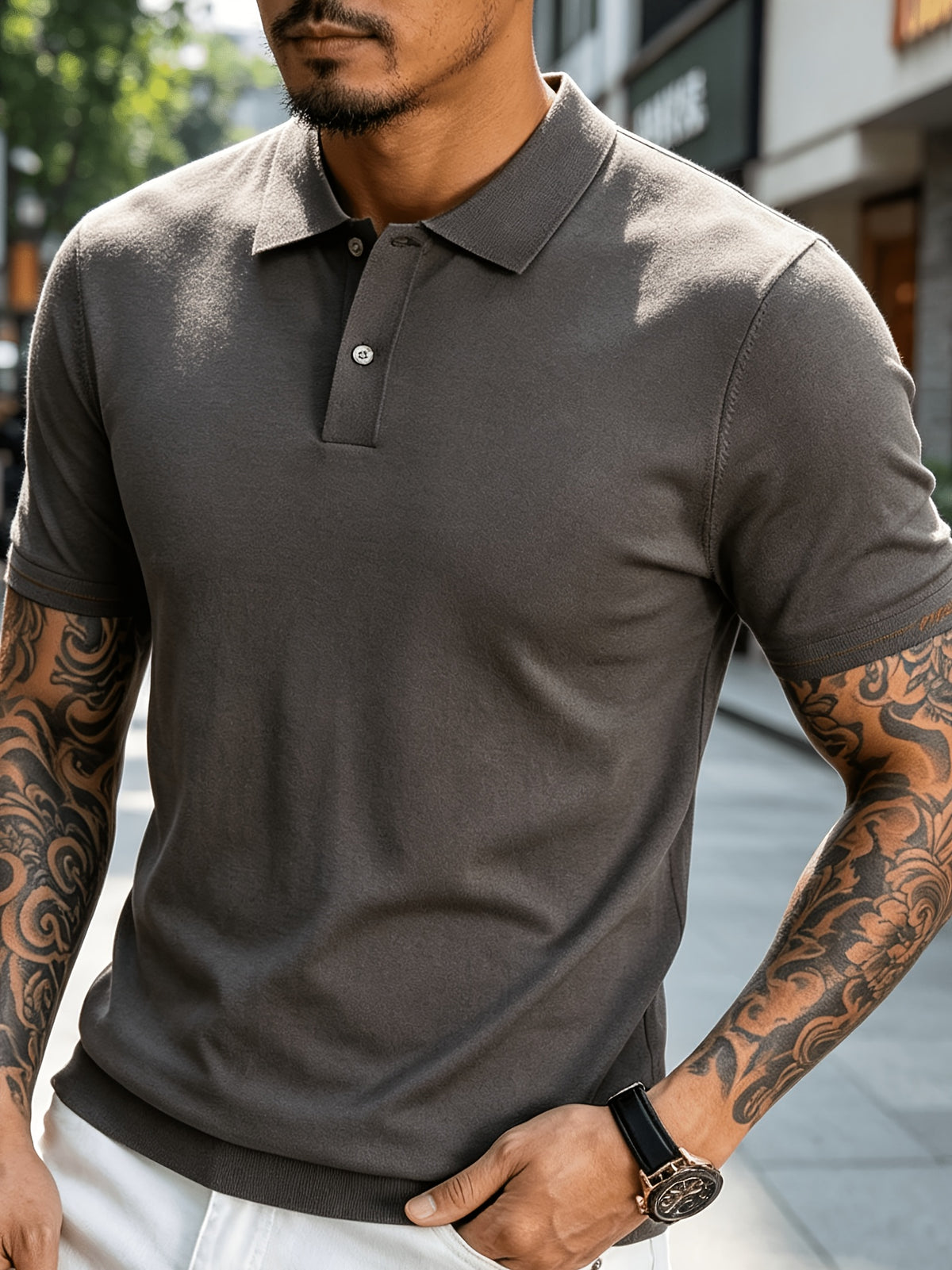 Men's Knitted Short-Sleeve Polo Shirt - Urban Street Scene Exterior Shot, Slim Fit, Lapel Collar, Two-Button, Business Casual Commuter Thin Top, Solid Color Knit Top with Embroidered Cuff Design - Rock Ash