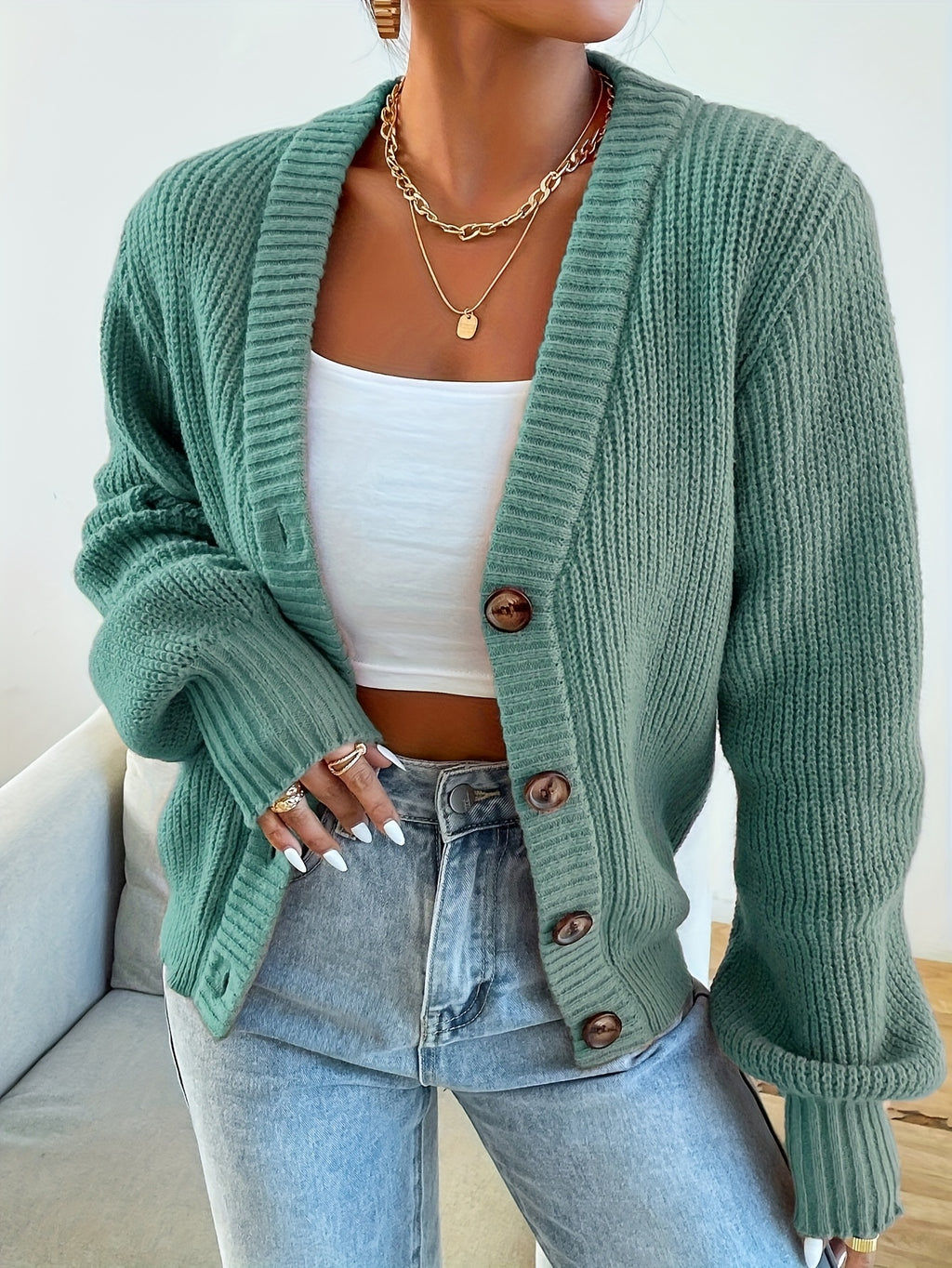 Women's Casual Daily Wear Solid Color Simple Loose V-Neck Button Long Sleeve Cardigan for Autumn and Winter - Olive Green