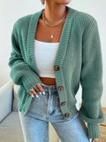 Women's Casual Daily Wear Solid Color Simple Loose V-Neck Button Long Sleeve Cardigan for Autumn and Winter - Olive Green