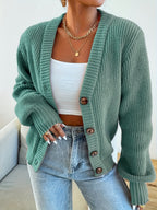 Women's Casual Daily Wear Solid Color Simple Loose V-Neck Button Long Sleeve Cardigan for Autumn and Winter - Olive Green