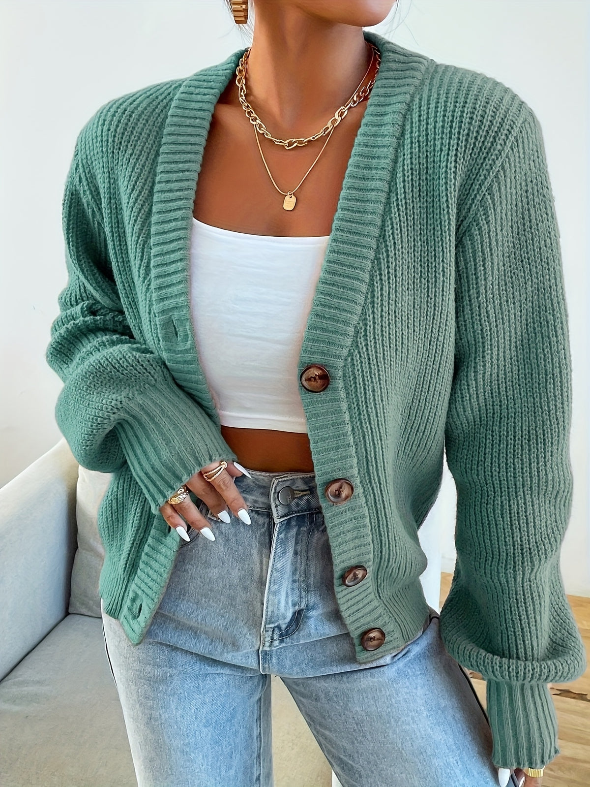 Women's Casual Daily Wear Solid Color Simple Loose V-Neck Button Long Sleeve Cardigan for Autumn and Winter - Olive Green