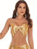 Pure aluminum cloth sequins, hot women breast chain, sexy temperament, metal chain, short neck, v neck, open back, navel waistband vest, Women's top - Golden