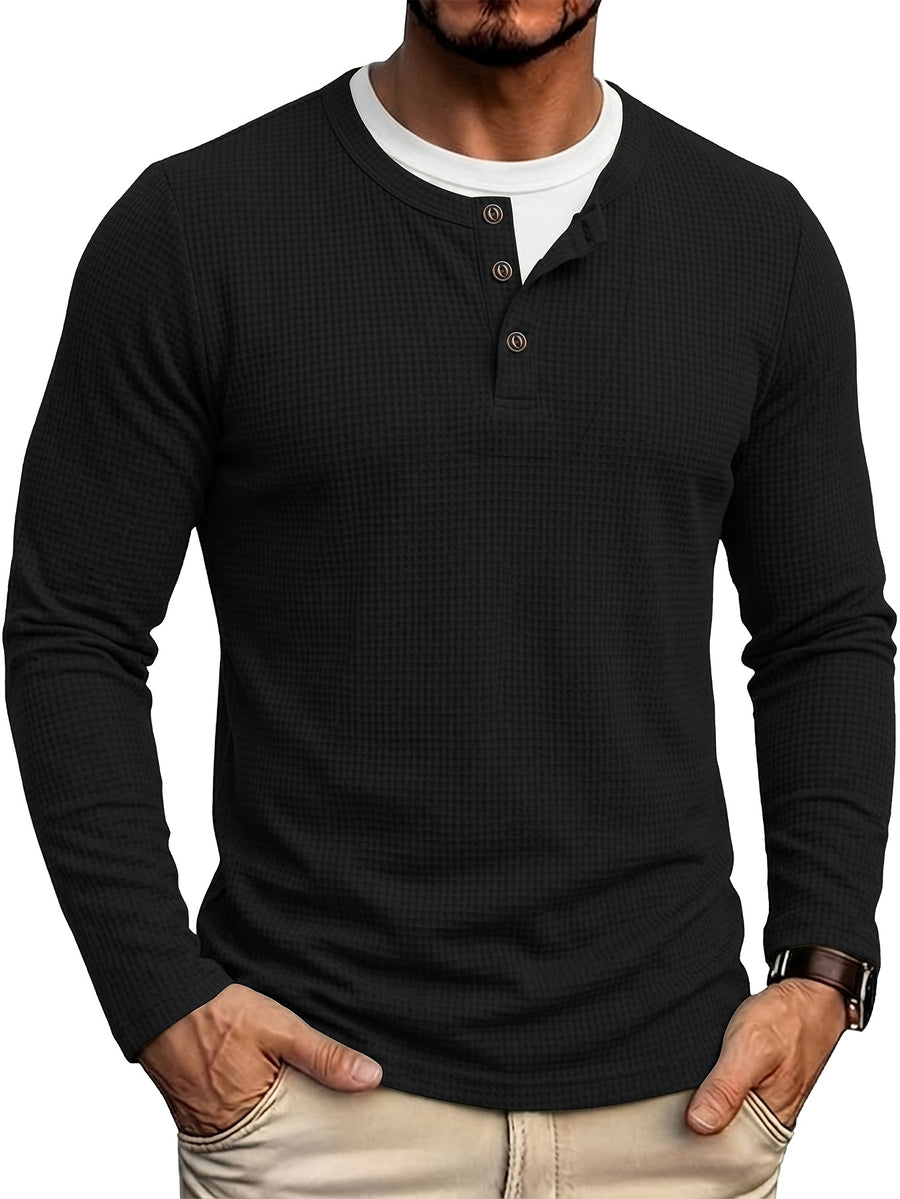 Autumn/Winter Cross-Border Men's Long Sleeve Crew Neck 2-in-1 Look Henley Shirt European and American Men's Pullover Base Layer T-shirt - Black