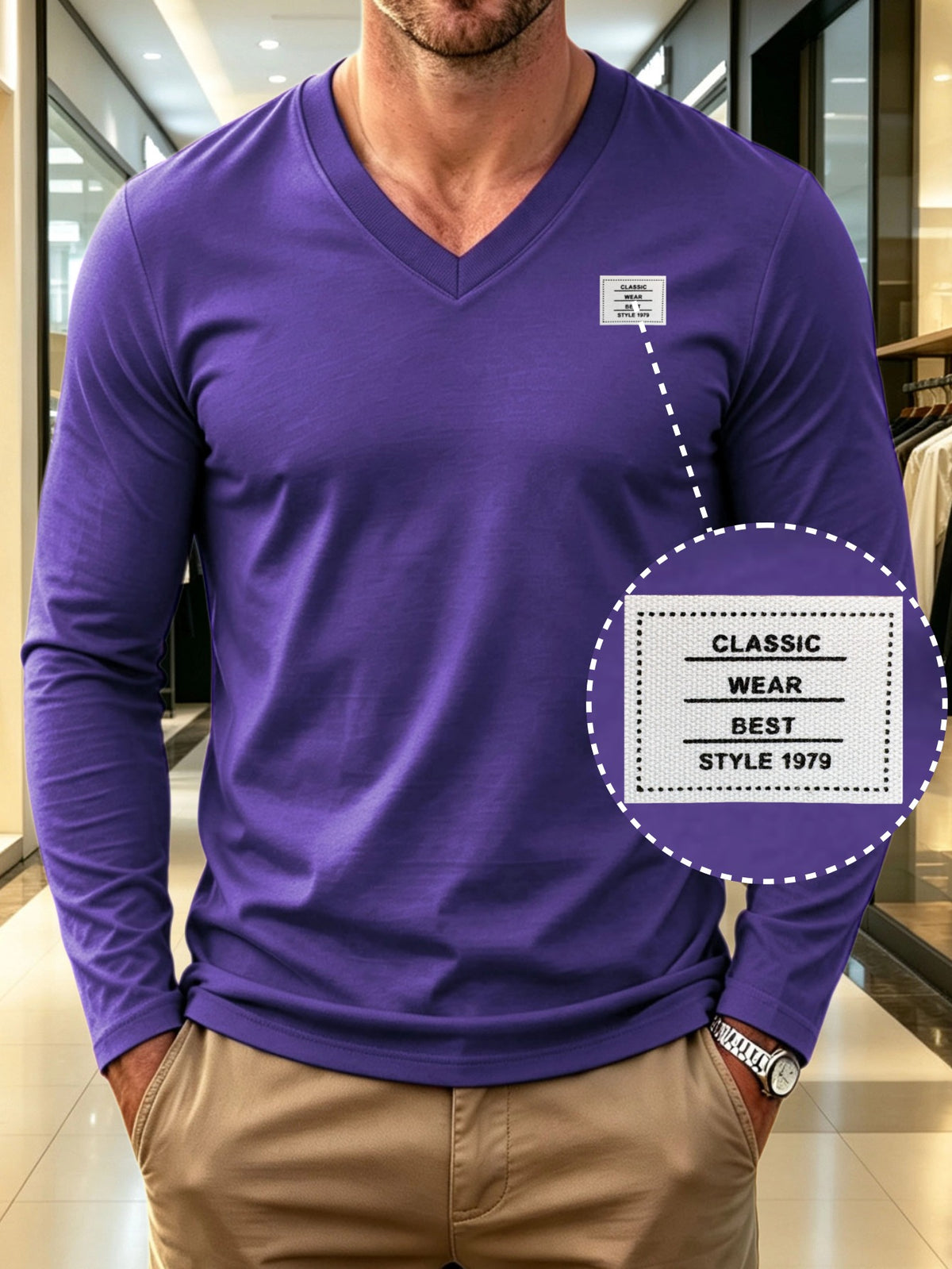 100%, Men'S V-Neck Long Sleeve Short-Sleeve T-Shirt, Men'S Knit Sweatshirt, Casual Sports Outdoor Top, Men'S Casual All-Match T-Shirt, Back to School Season, Gift for Friends - Purple