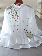 Women's Elegant Floral Blouse - Lightweight Semi-Sheer Summer Shirt with Round Neck, Short Sleeves & Machine Washable Fabric for Spring/Summer Casual & Formal Wear, Floral Print Blouse, Lightweight Top, Delicate Embroidery - White
