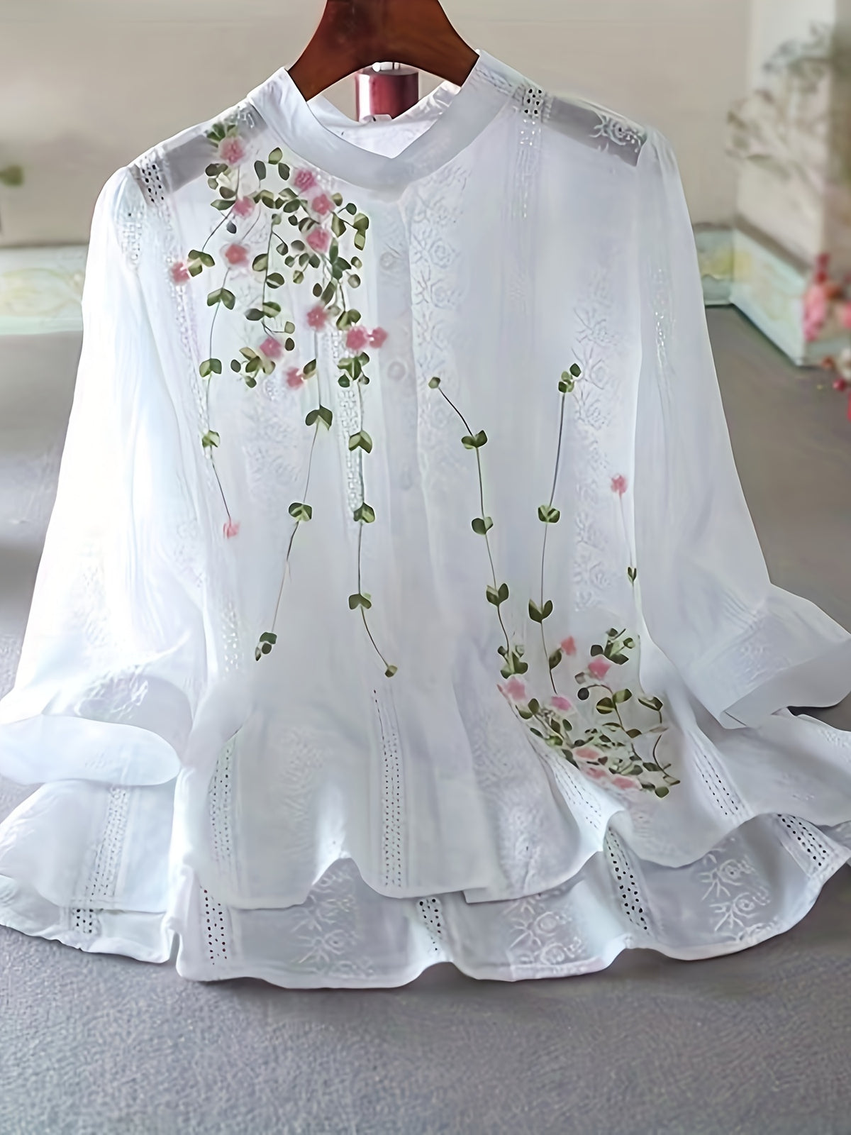 Women's Elegant Floral Blouse - Lightweight Semi-Sheer Summer Shirt with Round Neck, Short Sleeves & Machine Washable Fabric for Spring/Summer Casual & Formal Wear, Floral Print Blouse, Lightweight Top, Delicate Embroidery - White