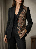 Women'S Fashion Printed Black Blazer Classic Commuter Quality Jacket - Black