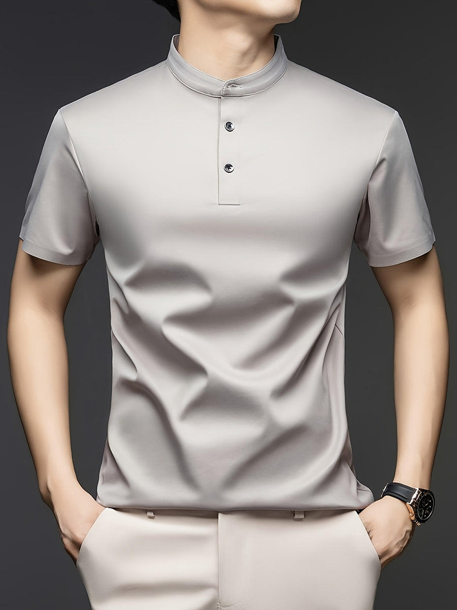 Joshime OBM Men's T-Shirt, New Summer Style, Men's Stand Collar Solid Color Short Sleeve Tee, Middle-Aged Casual Half-Sleeve T-Shirt - Beige Color