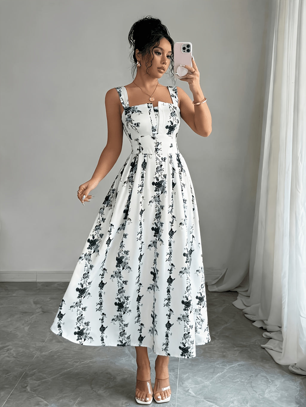Women's Vintage Square Neck White Floral Print Camisole Dress, Featuring a Effect, Vintage Elegant Vacation Style, Suitable for Summer Dates and Casual Wear in Spring and Summer. Machine Washable - Deep Grey