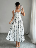 Women's Vintage Square Neck White Floral Print Camisole Dress, Featuring a Effect, Vintage Elegant Vacation Style, Suitable for Summer Dates and Casual Wear in Spring and Summer. Machine Washable - Deep Grey