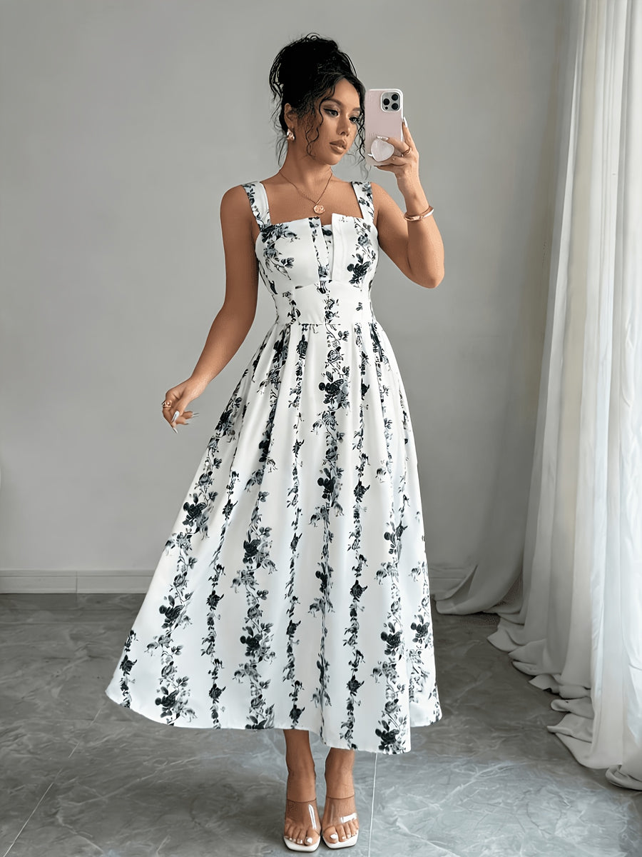 Women's Vintage Square Neck White Floral Print Camisole Dress, Featuring a Effect, Vintage Elegant Vacation Style, Suitable for Summer Dates and Casual Wear in Spring and Summer. Machine Washable - Deep Grey