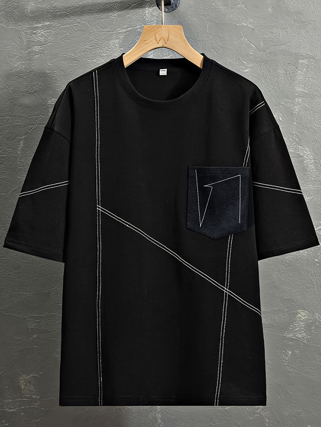 Men'S Casual Sports T-Shirt Korean Style Trendy Brand Fashion Design Summer Top Loose Solid Line Patchwork Casual T-Shirt Short Sleeve in Stock - Black