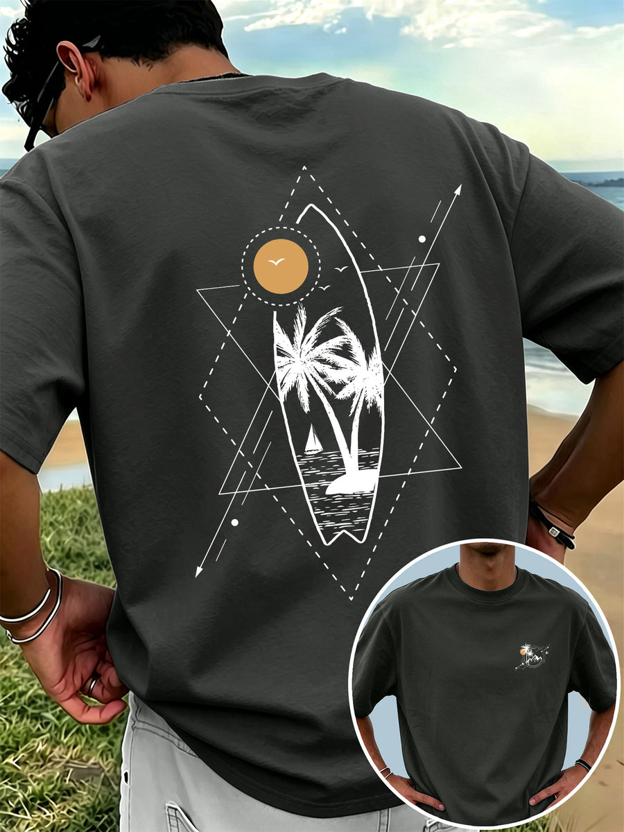 New Men's 100% Pure Cotton T-Shirt with Surfboard, Coconut Tree, and Sun Print, Comfortable and Breathable for Summer Casual Beach Vacations - Dark Gray