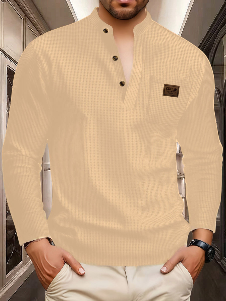 Josh Mei Selection: 2026 New Men's Stand Collar Waffle Texture Long Sleeve Shirt, Three-Button Half Open Lapel with Pocket, Lightweight and Comfortable Basic Top for Daily Outings - Khaki