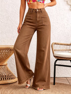 100284# Women'S Slim Fit Stretch Wide Leg Jeans, High Waist Washed Blue Frayed Hem, Fashionable Statement Pockets Casual Wide Leg Trousers - Dark Brown
