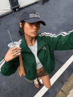 Women's Vintage College Bomber Jacket - Oversized Stand Collar Zipper Jacket with Chest Bow Embroidery, Two-Stripe Suitable for Casual Wear, Spring/Summer Swear, Unisex Couple's Outerwear, Machine Washable Loose Fit Jacket - Dark Green
