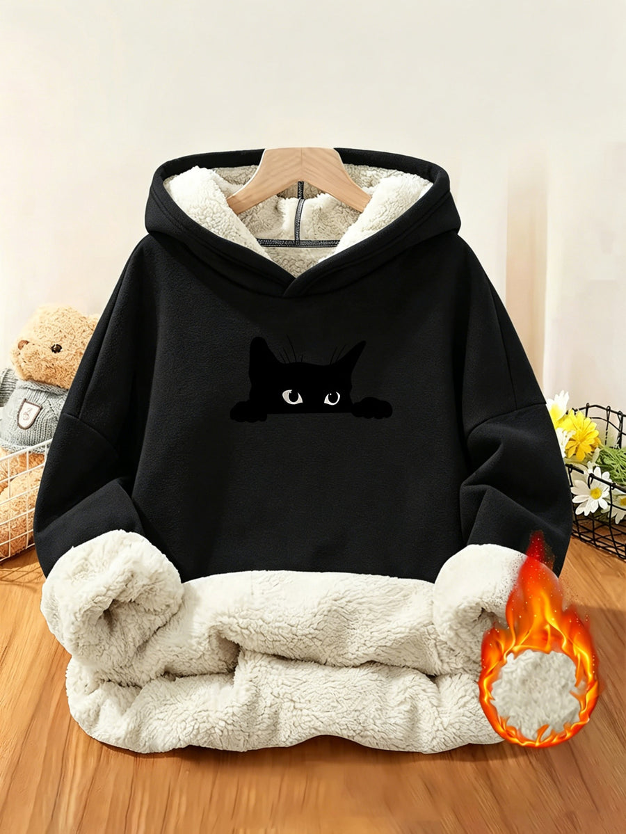 Women's -Lined Thermal Printed Hooded Sweatshirt, Heavyweight Thickened Warm Skin-Friendly Plush Lining, Peeking Little Black Cat Print, for,, Office Workers, Home, Strolling, Shopping, Outings, Gentle, Casual, Versatile, Cold-Proof and Warm Hoodie - Black