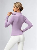 Women'S Long Sleeve Zipper Half Turtleneck Base Layer, Printed Pattern Slim Regular Fit Top, Spring Fall Winter Comfortable Elastic Light Outdoor Casual Top - Taro Purple