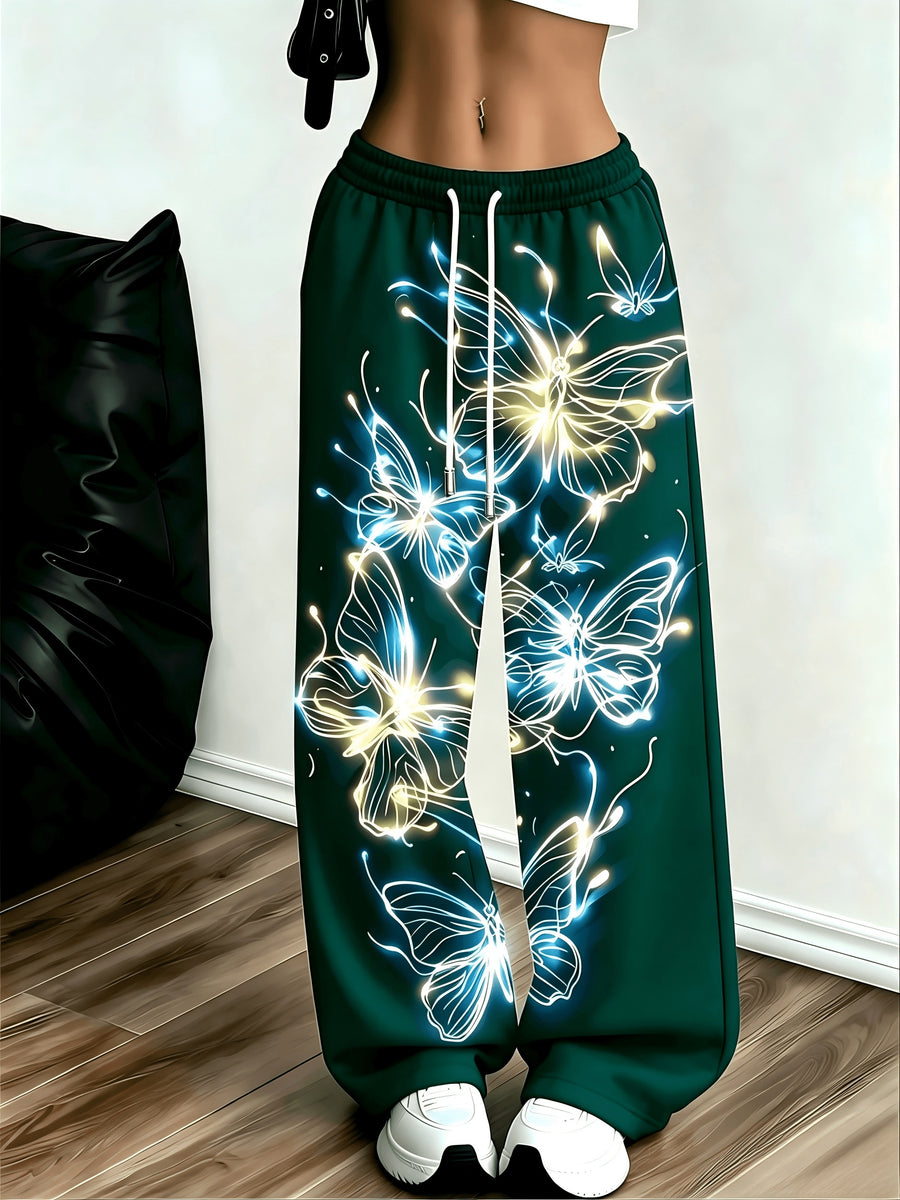Women's Neon Butterfly Glow-in-the-dark Pattern Jogging Pants with Pockets, Elastic Waistband, and Straight-leg Design - Dark Green